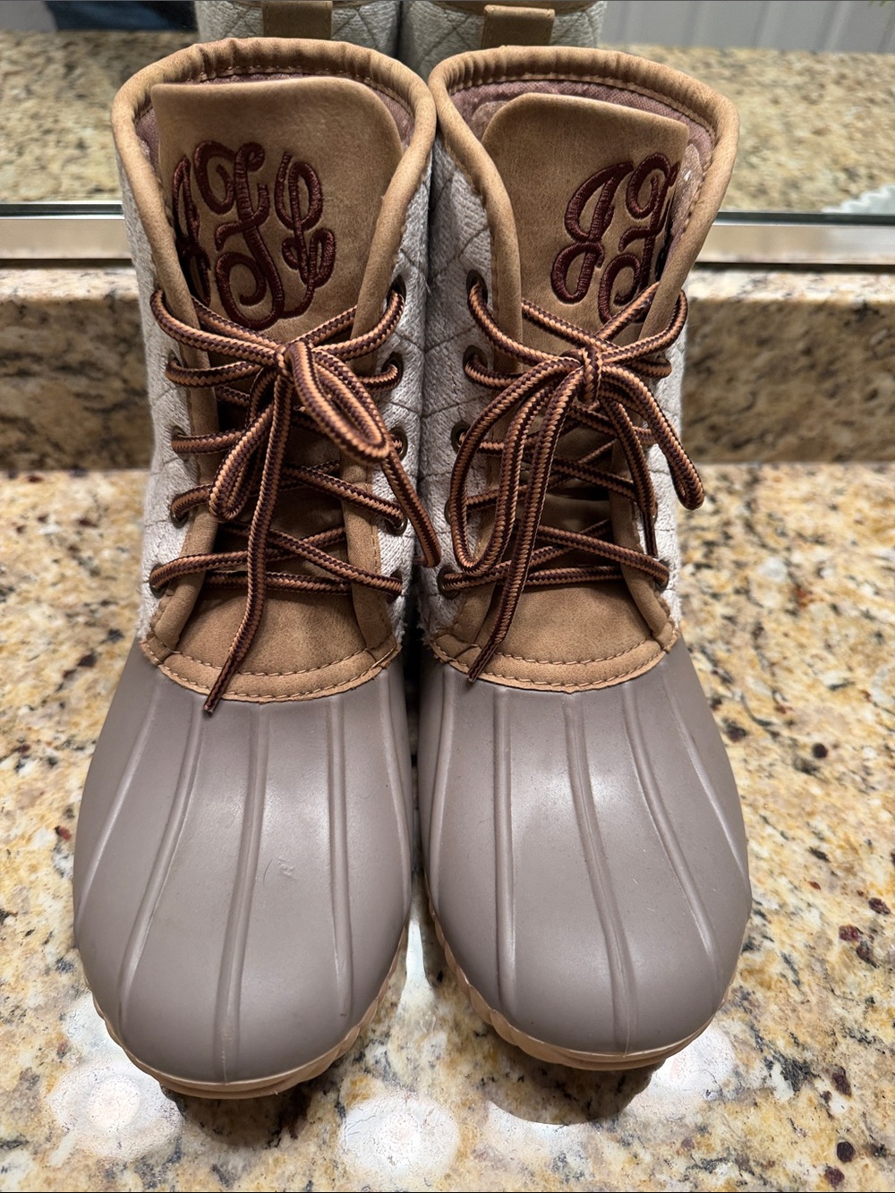 Quilted Duck Rain monogram Boots in Taupe and Brown
